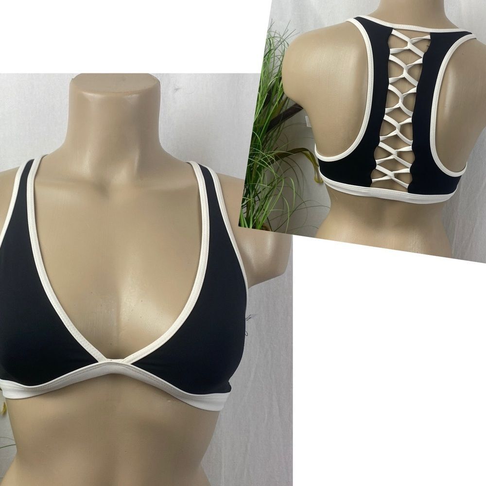 L*Space Black & White Strap Back Bikini Bathing Suit Top M - Picture 2 of 8